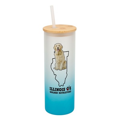 Elanze Designs The Prairie State Illinois Loves Golden Retrievers� Sky Blue and White Ombre Frosted Glass Travel Tumbler with Straw and Wooden Lid, 25