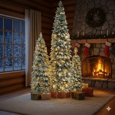 8 FT, 6 FT & 4 FT Pre-Lit Pencil Christmas Tree Set of 3 Flocked Slim Fir Trees, 1 370 PE Branch Tips, 290 LED Lights & 11 Lighting Modes