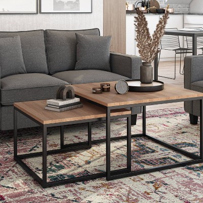 Fort Worth Brown Wood and Black Metal Square Nesting Coffee Tables