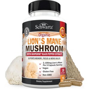 Organic Lions Mane Supplement Capsules, 2100mg Lions Mane Mushrooms with BioPerine, Memory & Focus Support, Bioschwartz, 90ct - 1 of 4