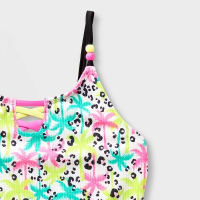 Cat & Jack Girls' Leopard Palm Tree One Piece Swimsuit - Cat & Jack™ Cream/Pink/Blue L — фото 3