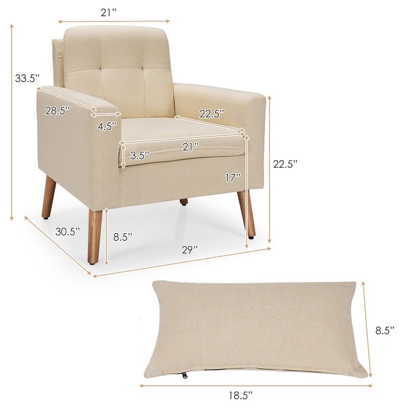 Costway Accent Chair Upholstered Linen Armchair Sofa Chair w/Waist Pillow, 5 of 11