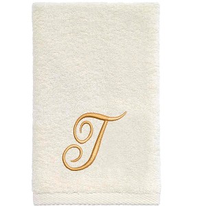 Avanti  Ivory with Gold Script Monogram Fingertip Towel Letter   T - 1 of 3