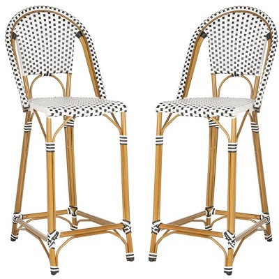 Zaid Black and White Wicker Counter Stool with Brown Frame