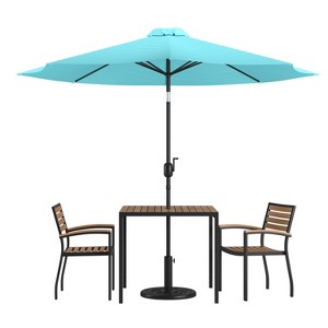Emma and Oliver 5 Piece Patio Table Set - 2 Synthetic Faux Teak Stackable Chairs - Faux Teak Table - Umbrella with Base - 1 of 4