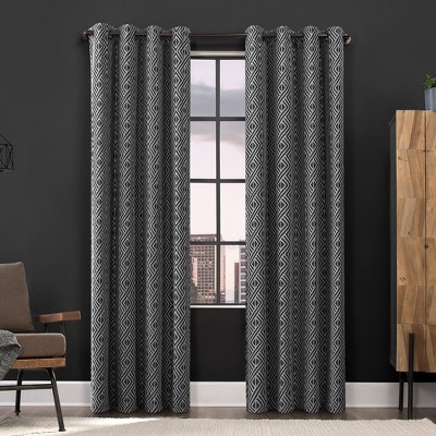 Black Geometric Polyester Blackout Grommet Curtain Panel