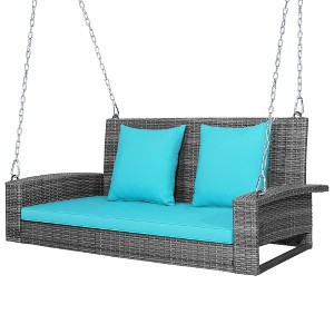 Costway 2-Person Patio PE Wicker Hanging Porch Swing Bench Chair with Cushion - 1 of 4