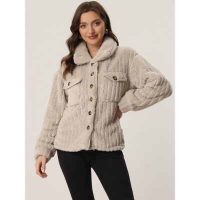 Allegra K Women's Fleece Winter Button Down Long Sleeve Soft Fuzzy Shaggy Teddy Jacket Large Khaki — фото 2