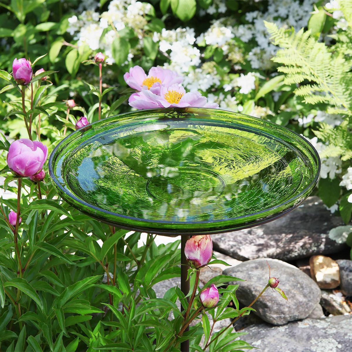 39" Reflective Crackle Glass Birdbath Bowl with Stake Fern Green - Achla Designs: Weather-Resistant, No Assembly Required - thumbnail 3