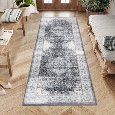 Faux Wool Boho Vintage Floral Printed Area Rug Ultra Thin Low Pile, Machine Washable Stain Resistant  Non Slip Non Shedding Pet Friendly Floor Rug