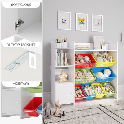 White Kids Toy Storage Organizer with Bookshelf and Colorful Bins