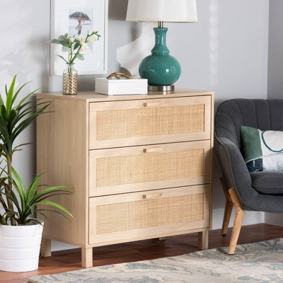 Sebille Light Brown Wood and Rattan 3-Drawer Chest