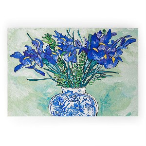 Lara Lee Meintjes Iris Bouquet in Chinoiserie Vase on Blue and White Striped Tablecloth on Painterly Mint Green Welcome Mat - Society6 - 1 of 4