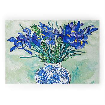 Lara Lee Meintjes Iris Bouquet in Chinoiserie Vase on Blue and White Striped Tablecloth on Painterly Mint Green Welcome Mat - Society6