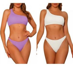 Elerevyo Women's One Shoulder Bikini Asymmetric Ribbed Triangle Bottoms Sporty Swimwear Bathing Suits 2 Sets - 1 of 4