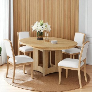 Mshliw 5-Piece Extendable Round Dining Table Set for 4, Solid Wood Pedestal Table with 16" Removable Leaf and 4 Upholstered Chairs for Small Spaces - 1 of 4