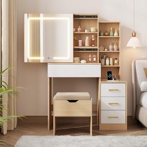 GustoWave Makeup Vanity Desk with Sliding Mirror, Vanity Dressing Table with 3 Color Adjustable Lights, Vanity Set with Stool, Power Outlet - 1 of 4