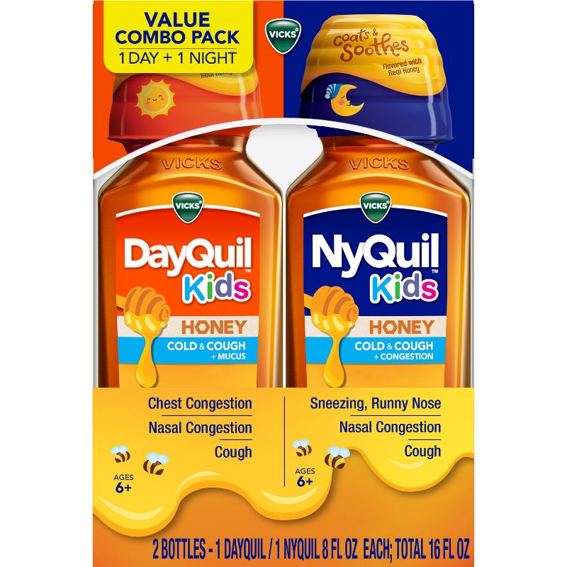Vicks Kids DayQuil &#38; NyQuil Honey Cold &#38; Cough Medicine Liquid - 16 fl oz, 1 of 13