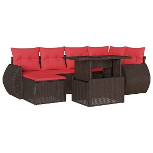 vidaXL Patio Sofa Set with Cushions and Table Outdoor 7 Piece Poly Rattan - Brown without storage - 1 of 4