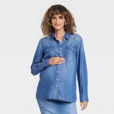 Long Sleeve Western Chambray Maternity Button-Down Shirt - Isabel Maternity by Ingrid & Isabel™ Blue XS