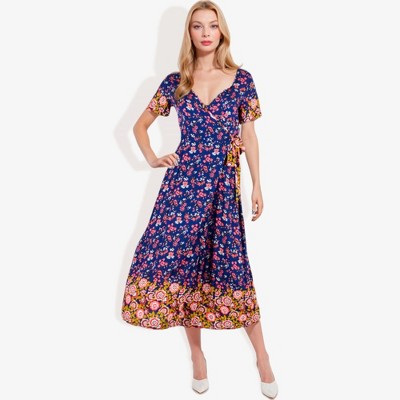 Anna-Kaci Women's Floral Print Short Sleeve Wrap Dress With Tie Waist- Medium, Royal Blue