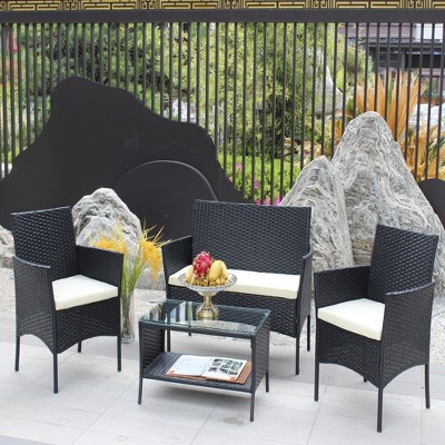Nertpow 4-Piece Outdoor Rattan Patio Furniture Set with Cushions ¨C Wicker Sofa Seating Set, Beige Cushions