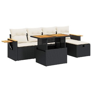 vidaXL 6 Piece Patio Sofa Set with Cushions Black Poly Rattan - Black and Cream with Storage - 1 of 4