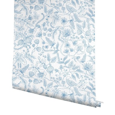 Blue and Cream Floral Botanical Peel and Stick Wallpaper Roll