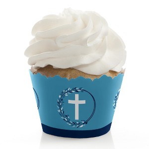 Big Dot of Happiness Blue Elegant Cross - Boy Religious Party Decorations - Party Cupcake Wrappers - Set of 12 - 1 of 4