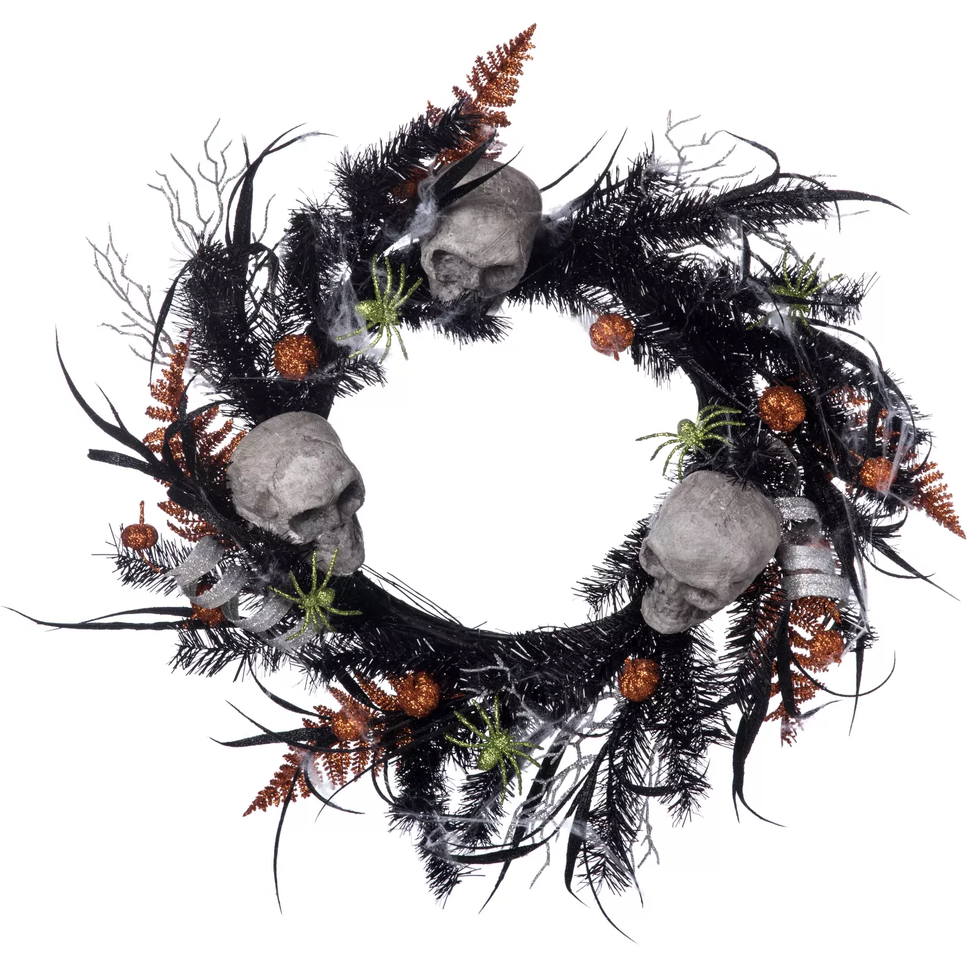 Transpac Artificial 22 in. Black Halloween Skull and Spider Wreath - image 1 of 2