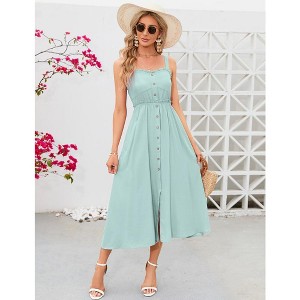 YesFashion Women's Casual Summer Dress Spaghetti Strap Button Down Sleeveless Dress A-Line Beach Swing Midi Sundress - 1 of 4