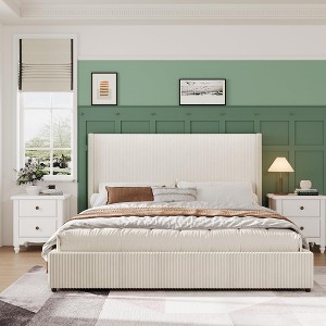 Upholstered Platform Bed Frame with Storage Drawers, Corduroy Wingback with Tufted Headboard - 1 of 4