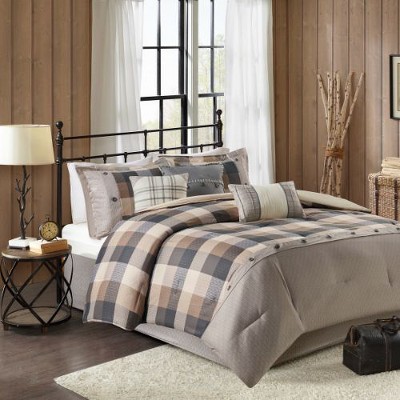 Sapphtopaz 7-Piece Cabin Farmhouse Comforter Set, Buffalo Plaid Herringbone Quilts Queen Size, Bedding Sheet Set with Decorative Pillows & Bed Skirt
