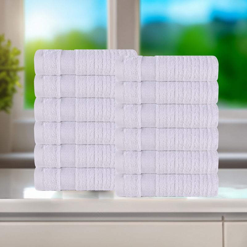 Zero Twist Cotton Ribbed Modern Geometric Border Face Towel Washcloth Set of 12 by Blue Nile Mills, 2 of 9