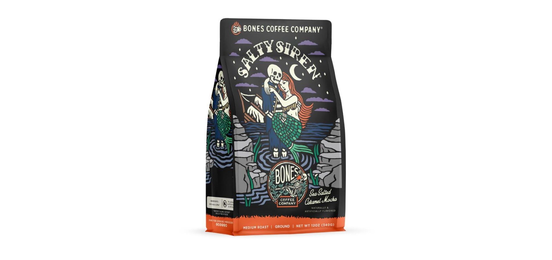 Salty Siren, Sea Salted Caramel Mocha Medium Roast, Ground Coffee, Whole Bean Coffee, or Keurig K-Cup Coffe Pods, Bones Coffee Company, 12 oz & 12 ct