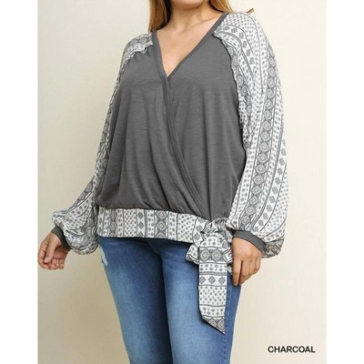 Women's Surplice Printed Puff Sleeves Plus Top - umgee