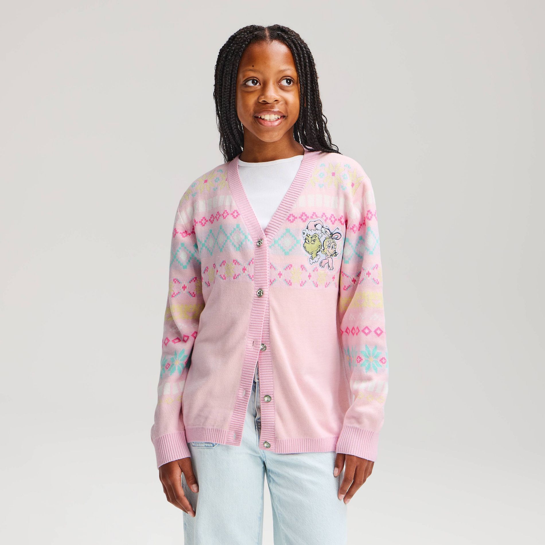 Girls' The Grinch Christmas Cardigan Sweater - Light Pink