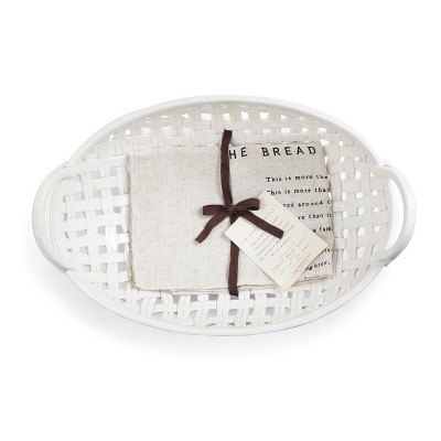 DEMDACO Large Ceramic  Bread Basket with Towel 16 x 11 - White