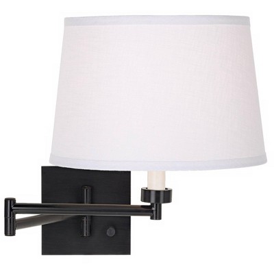 Espresso Swing Arm Dimmable Wall Lamp with White Linen Shade