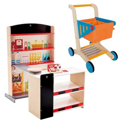 Hape Pop Up Grocery Shop Kids Pretend Play Set Bundle with Mini Wooden Kids Toddler Supermarket Grocery Shopping Cart and Accessories, Ages 3 and Up