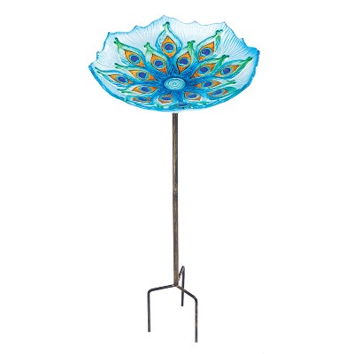 Evergreen  Peacock Glass Bird Bath with Metal Stake