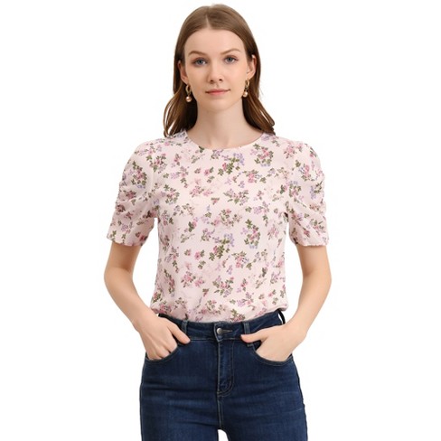 Pretty in Pink Floral  Frill & Shirred Shoulder Long Sleeve Top