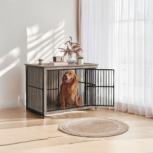 Heather Greige Dog Crate Furniture.as a 43.3" side end table.for dogs up to 80 lb, with a heavy-duty cage, enclosed base and double - door design. - 1 of 4