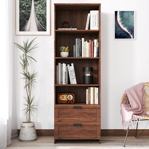 HDZNVF Bookshelf With Drawers, Walnut - 1 of 4