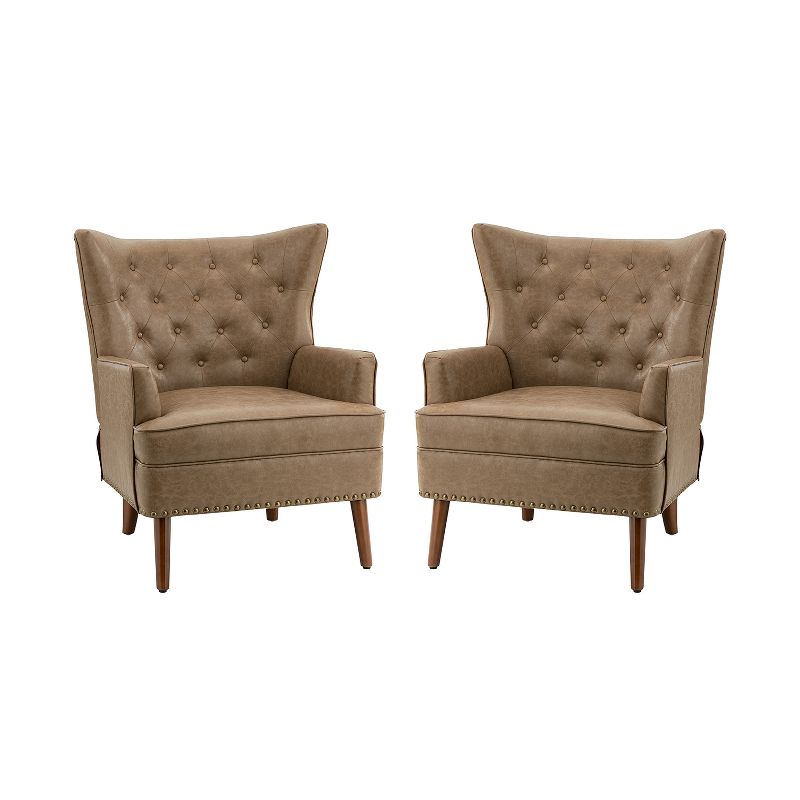 Set of 2 Thessaly  Tufted  Wooden Upholstery  Vegan Leather Armchair  with Nailhead Trim | ARTFUL LIVING DESIGN, 1 of 10