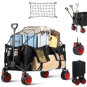 Whizmax Foldable Wagon Cart, Beach Wagon with Big Wheels for Sand, Collapsible Utility Cart with Adjustable Handle, Side Pockets and Cup Holder, All Terrain Wagon for Beach, Camping, Garden, Black - 1 of 4