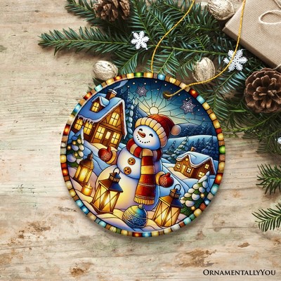 Enchanting Snowman with Cozy Lantern Winter Village Porcelain Ornament