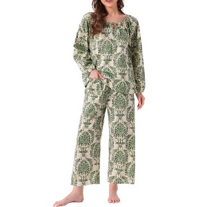 Womens Pajamas Set Long Sleeve Floral Pullover Tie Front Wide Leg 2 Piece Loungewear X-Large Green Floral - 1 of 4