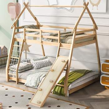 Twin over Queen House Bunk Bed with Ladder, Climbing Nets and Climbing Ramp-ModernLuxe