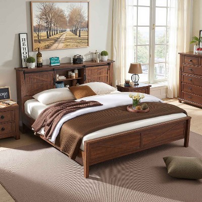SinCiDo Farmhouse Bed Frame,w/Charging Station, Storage Bookcase Headboard,Sliding Barn Door,No Box Spring Needed, w/Wood Slats Support